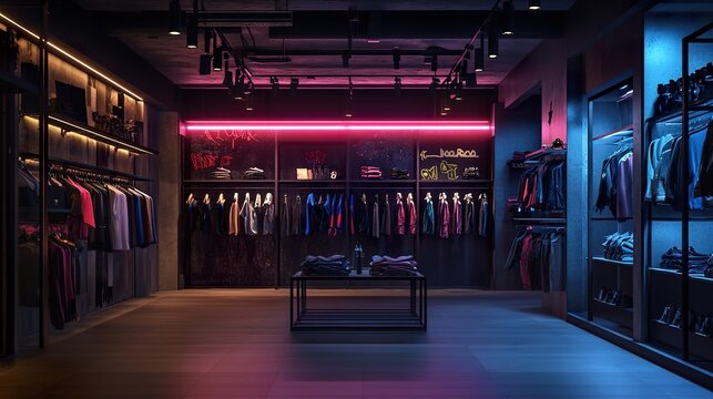 Modern clothing store interior with illuminated display cases and neon accents