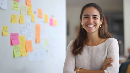 45. Brazilian entrepreneur confidently managing her startup, happily reviewing sales figures and growth strategies in a modern office.
