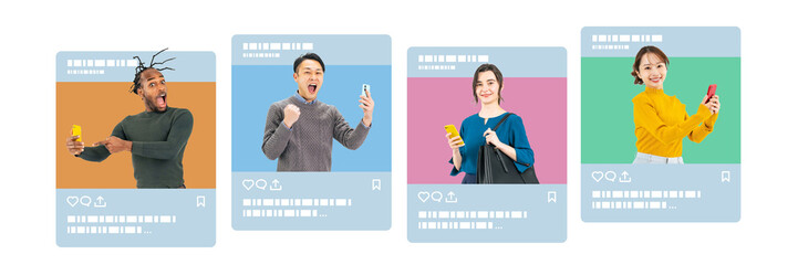 SNS画面から多国籍の人々　切り抜き背景透過PNG