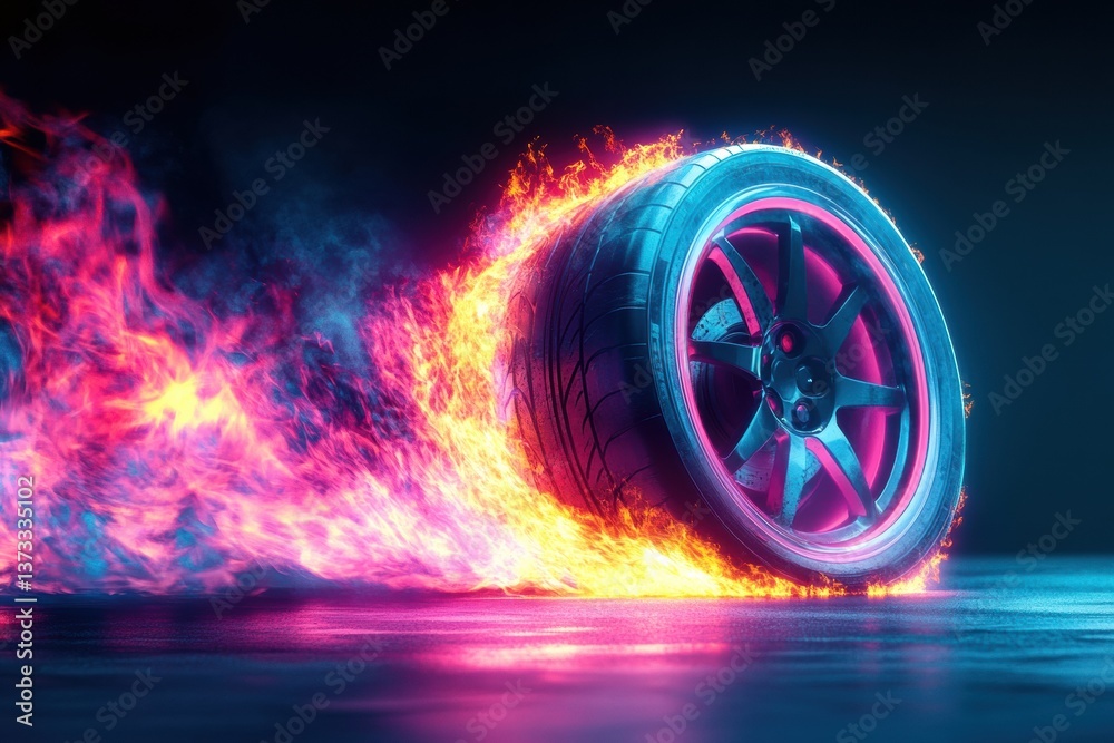 Poster Glowing car wheel creates vibrant neon trails in high-speed motion on a dark background for a dynamic abstract experience