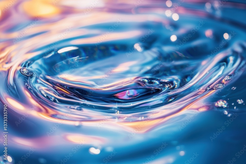 Poster close-up view of iridescent gasoline swirls on water showcasing bright colors in an abstract, fluid 