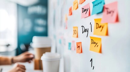 Brainstorming wall: Sticky notes, coffee cups, and planning in a bright, blurred workspace.