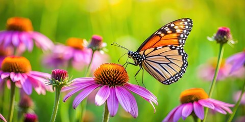 Fototapeta premium A delicate monarch butterfly perches on a vibrant purple coneflower amidst a lush green meadow with wildflowers swaying gently in the breeze, beautiful butterfly, outdoor