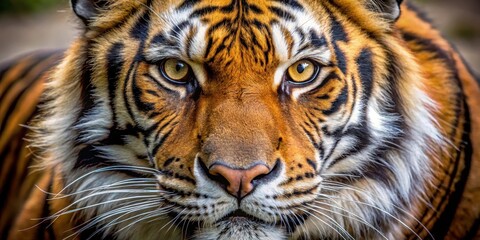 Fototapeta premium A majestic tiger's face is framed in sharp focus, revealing piercing golden eyes and a rugged jawline, with whiskers twitching as if sensing prey , wildlife close-up, natural habitat