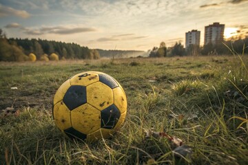 a yellow and black soccer ball lying on the ground - generated by ai