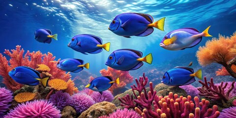 A school of iridescent blue tang fish darting through a vibrant coral reef teeming with sea fans and soft corals, aquatic world, underwater scene