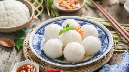 An appetizing plate of chicken rice balls is presented. The chicken rice balls are made from fragrant, well-cooked rice that has absorbed the flavors of tender poached chicken. Each ball is neatly for