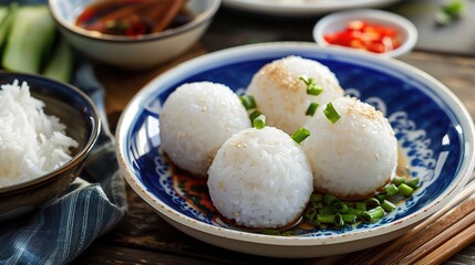 An appetizing plate of chicken rice balls is presented. The chicken rice balls are made from fragrant, well-cooked rice that has absorbed the flavors of tender poached chicken. Each ball is neatly for