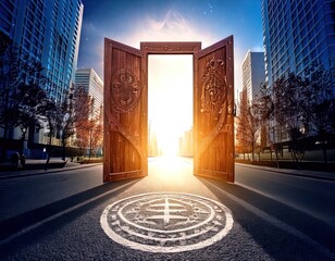Fototapeta premium una puerta abierta antigua tallada con símbolos de madera en medio de un camino en la ciudad, a traves de la puerta se ve un universo luminoso