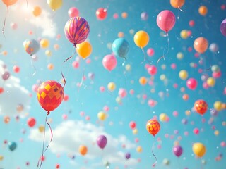 Pride-Colored Balloons Floating in the Sky: A cheerful background featuring colorful balloons in Pride colors floating high in the sky, symbolizing joy, love, and celebration.
