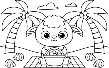 Cartoon lamb on a checkered blanket holding an Easter basket with palm trees line art