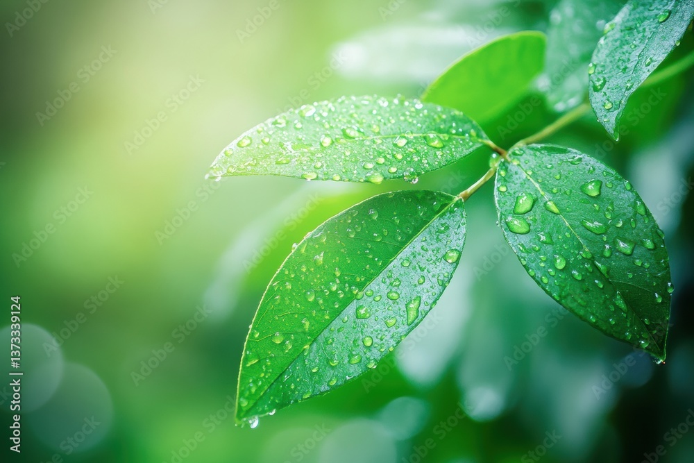 Poster close-up view of fresh green leaves adorned with dewdrops against a blurred nature backdrop in a ser