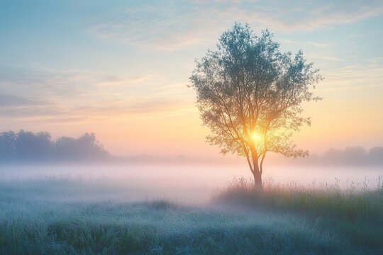 misty morning landscape at sunrise represents a peaceful and calm atmosphere symbolizing introspection awakening of nature and potential for new beginnings