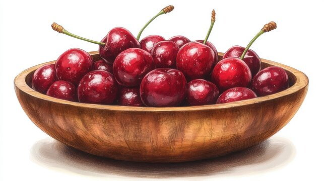 red cherry in wooden bowl isolated,cartoon illustration style