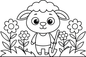 Cute Outline Sheep Holding Shovel Surrounded by Flowers on White Background