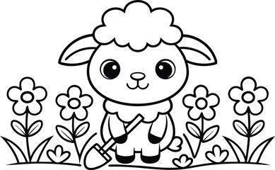Cute Sheep with Shovel in Flower Garden Outlined on Transparent Background