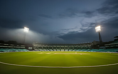 Illuminated Cricket Stadium at Night with Floodlights and Empty Stands.