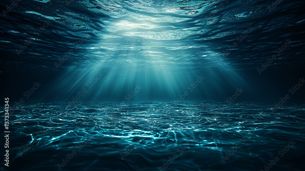 Poster deep blue ocean waters with sunlight streaming through the surface creating a mesmerizing display of