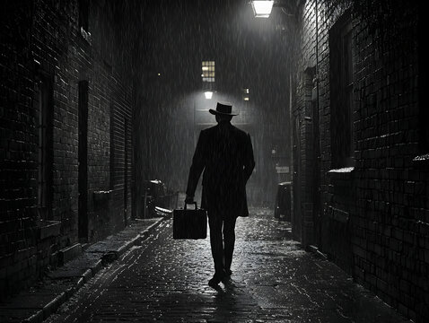 Fototapeta Silhouette of Man Walking in Rainy City Alley at Night