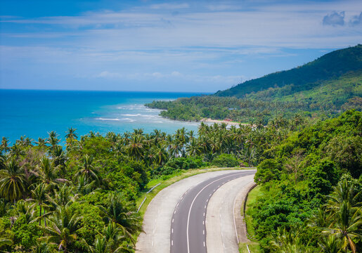 Exotic palm tree road to El Nido at Palawan island, Philippines. Aerial drone photo. Open road trip from Puerto Princesa to El Nido 