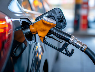 Refueling car at petrol pump during day, showcasing fuel nozzle and vehicle details. scene captures essence of everyday life and transportation