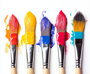 Colorful paintbrushes with vibrant bristles and paint strokes create artistic display. brushes showcase variety of colors, perfect for creative projects
