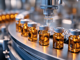 Automated filling process in compounding pharmacy with amber vials. scene captures precision of pharmaceutical manufacturing, showcasing importance of quality control