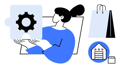 Woman holding gear puzzle piece suggesting system integration. Includes shopping bag and warehouse icon for e-commerce concepts. Ideal for e-commerce, logistics, planning, supply chain, teamwork
