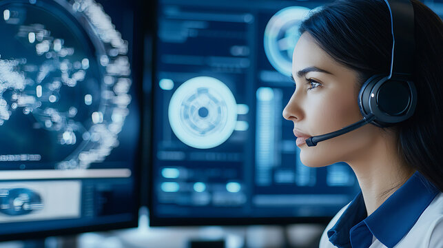 Monitoring global data analytics control room digital interface professional environment close-up view technology integration