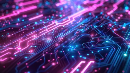 Obraz premium Neon Circuit: A glowing neon circuit pattern in blue and purple, filled with glitchy lines and flashing signals, offering a digital, futuristic vibe. 
