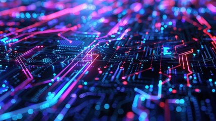 Fototapeta premium Neon Circuit: A glitchy neon circuit pattern in vibrant blues and purples, with fragmented lines and flashing signals, capturing futuristic technology.