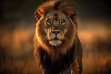 Naklejka premium Behold resplendent magnificence of a lion traversing vast expanse of African savanna, its regal gait resonating with power, as golden grasses sway .