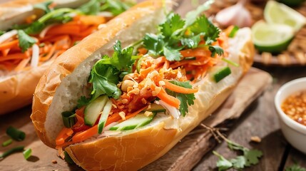 An enticing plate of Bánh mì is showcased. The Bánh mì features a crusty baguette filled with a delightful assortment of ingredients. Inside, there are slices of savory grilled pork, tender pieces of 