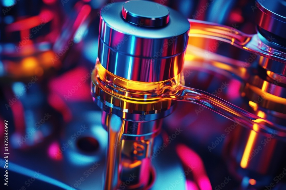 Aufkleber close-up view of a high-tech engine piston with flowing gasoline illuminated by vibrant neon highlig
