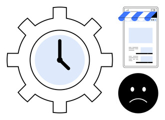 Gear with clock metaphorizes productivity, storefront browser window represents online business, sad face expresses issues or delays. Ideal for efficiency, e-commerce, downtime, delay