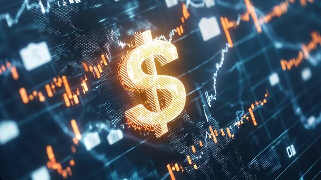 Navigating the Financial Frontier: A luminous dollar sign floats amidst intricate digital financial charts, symbolizing the ever-changing world of currency exchange, investment, and economic data.