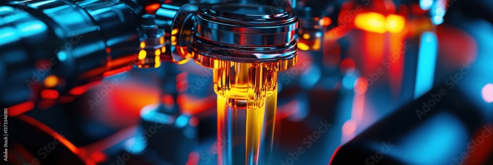 Poster Close-up view of a high-tech engine piston with gasoline flowing through it surrounded by vibrant neon highlights