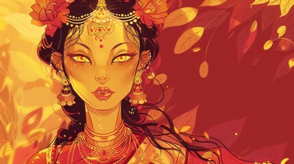 Ethereal Woman with Golden Eyes Surrounded by Vibrant Autumn Leaves