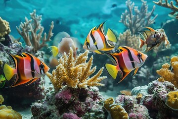 Fototapeta premium realistics fish gracefully dance among coral, displaying their vivid hues, graceful motions, and symbiotic relationship they share with their coral habitats
