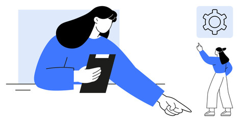 A manager with a clipboard points forward while an employee gestures at a cogwheel icon. Ideal for concepts thumbs up leadership, guidance, innovation, creativity, teamwork, planning, flat simple