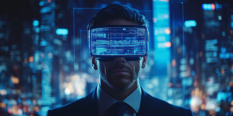 Businessman Wearing Virtual Reality Glasses With Real Estate Developer about Megapolis Project