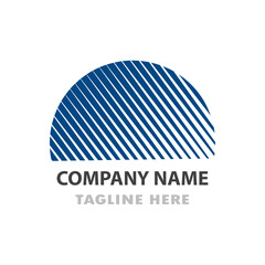 Modern, abstract logo design with a semi-circular shape filled with diagonal stripes in a dark navy blue and white color scheme.  A placeholder for a company name and tagline is included