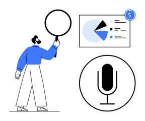 Man examines data chart with magnifying glass, representing analysis, insights, and big data exploration. Microphone suggests communication, reporting. Ideal for research, marketing, SEO podcasts