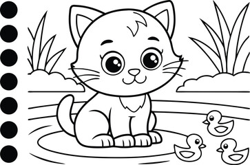 Cute Cartoon Cat Sitting Near Water with Ducklings, Outline Design on Transparent
