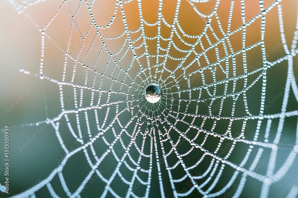 Wall mural highlights detailed craftsmanship of a spiderweb embellished with a droplet of dew displaying delica