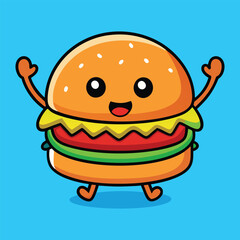 Obraz premium Happy Hamburger with Hands Cartoon Food Art Illustration Vector Design
