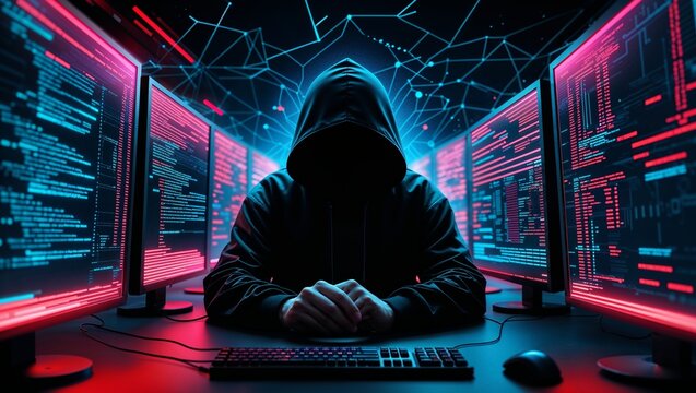 Cyber warfare attack in progress with glowing data streams in a digital landscape at nighttime ,Anonymous Hacker in Dark Cybersecurity Environment