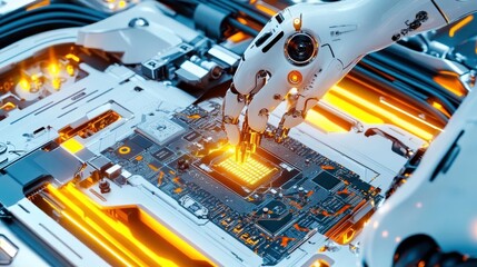 Fototapeta premium AI Robotic Arm Installing Microchip - Artificial Intelligence (AI)