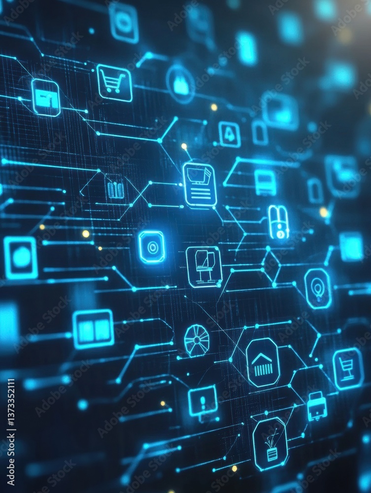 Fototapete innovative blockchain representation for online shopping with glowing nodes and smart contract symbo