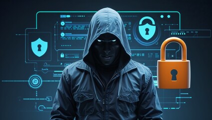 Hacking and malware concept. Hacker using laptop computer with binary code digital interface. Double exposure.